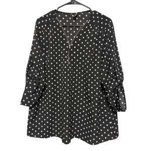 Emery Rose Womens XXL Black White Polka Dot Zip V-Neck Roll Tab Sleeve Blouse